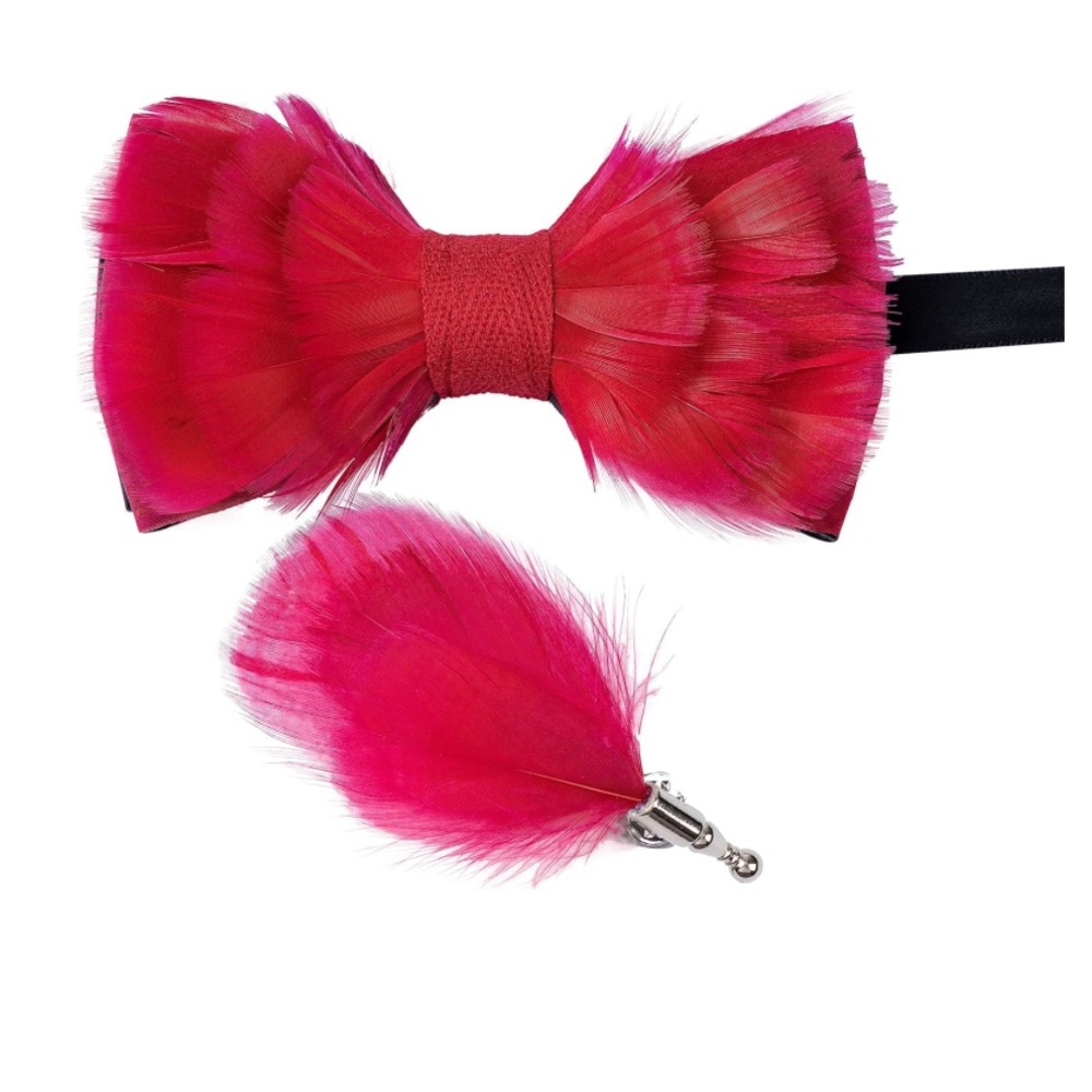 Men’s Novelty Feather Pre-Tied Bow tie and Matching Lapel Gift Boxset Red
